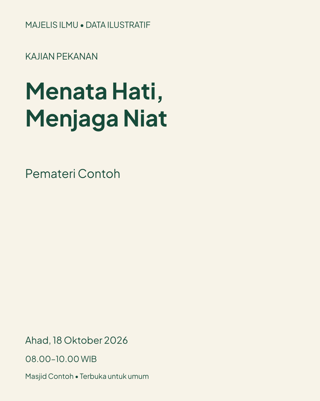Contoh poster kajian Menata Hati, Menjaga Niat — data ilustratif